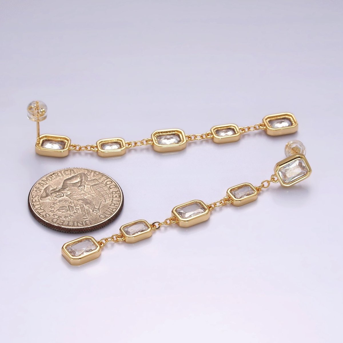14K Gold Filled 70mm Multiple Baguette Drop Stud Earrings