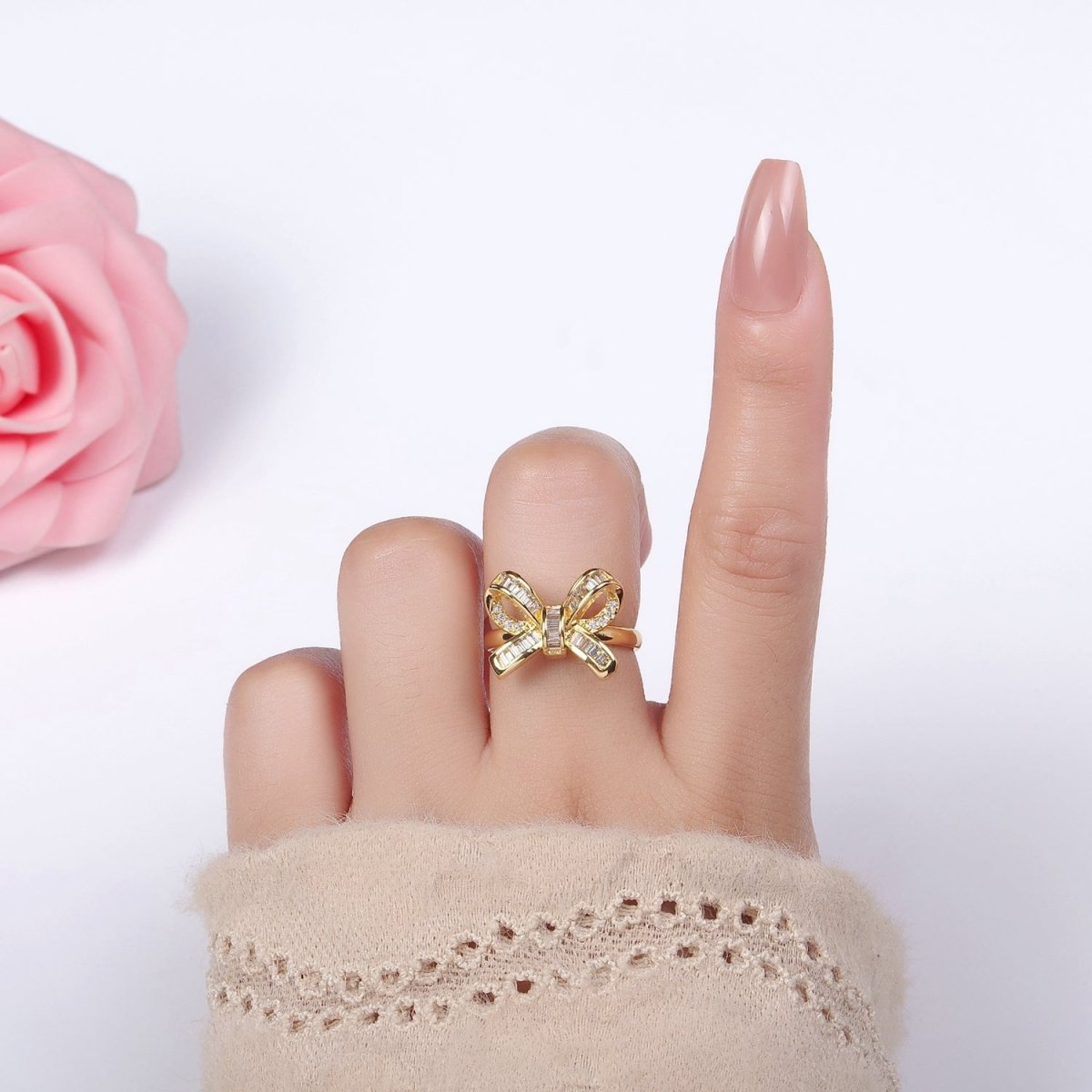 14K Gold Filled Baguette Micro Paved Ribbon Bow Ring | O245