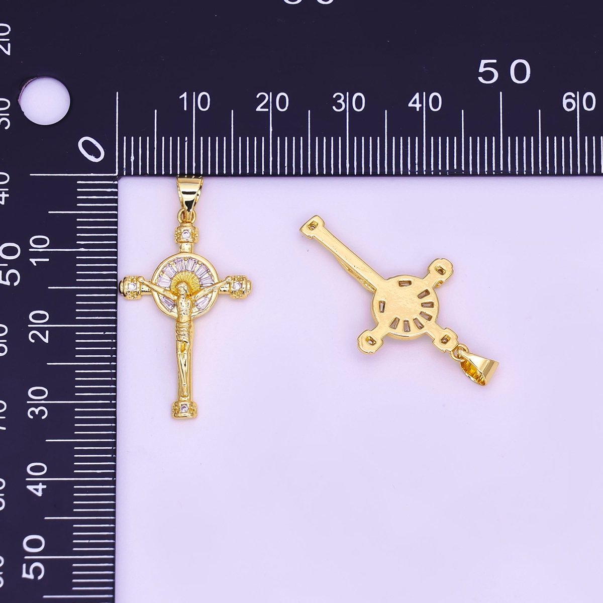 14K Gold Filled Clear Baguette Sun Ray Round Crucifix Cross Pendant | AA611