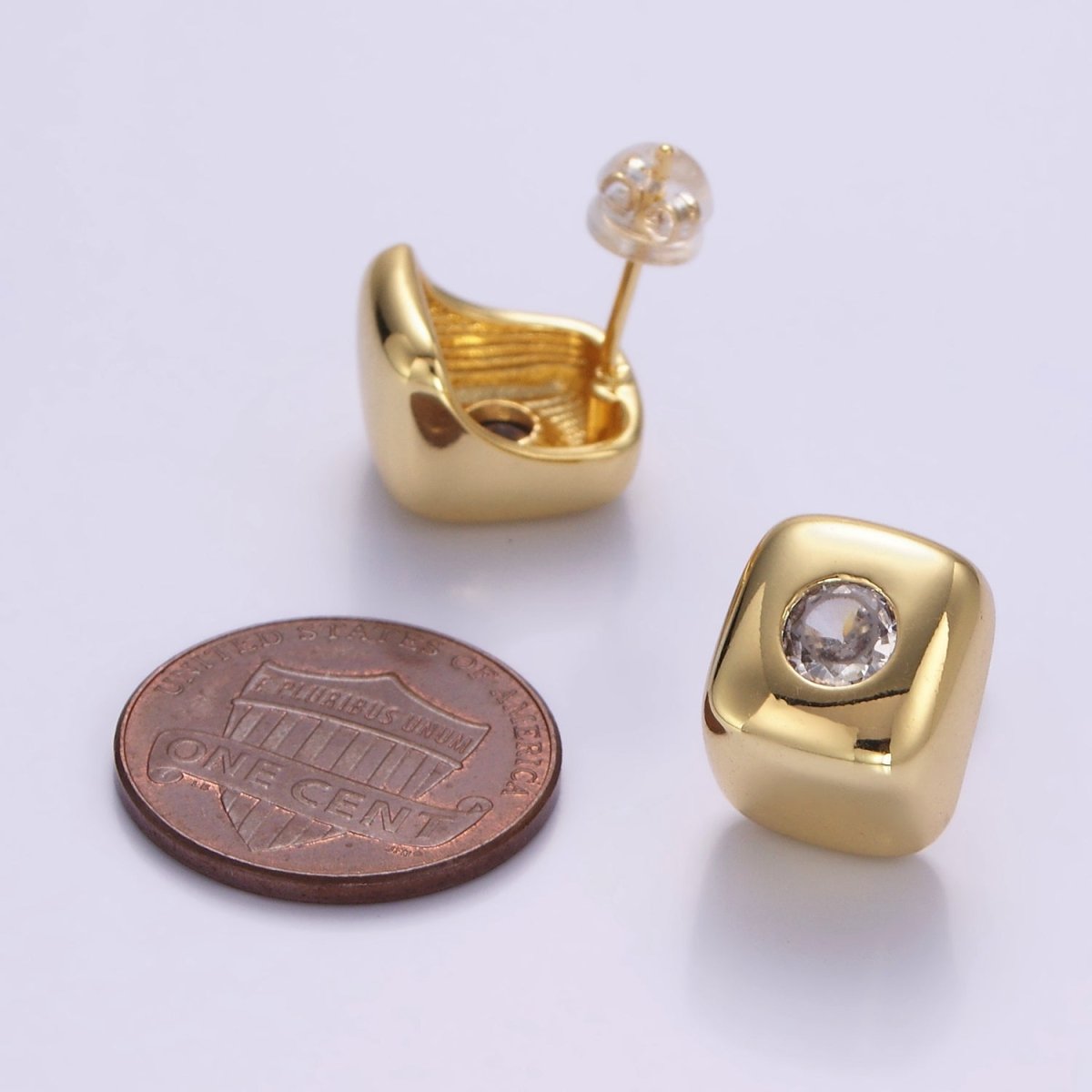14K Gold Filled Clear CZ Cube J-Shaped Hoop Earrings | P513