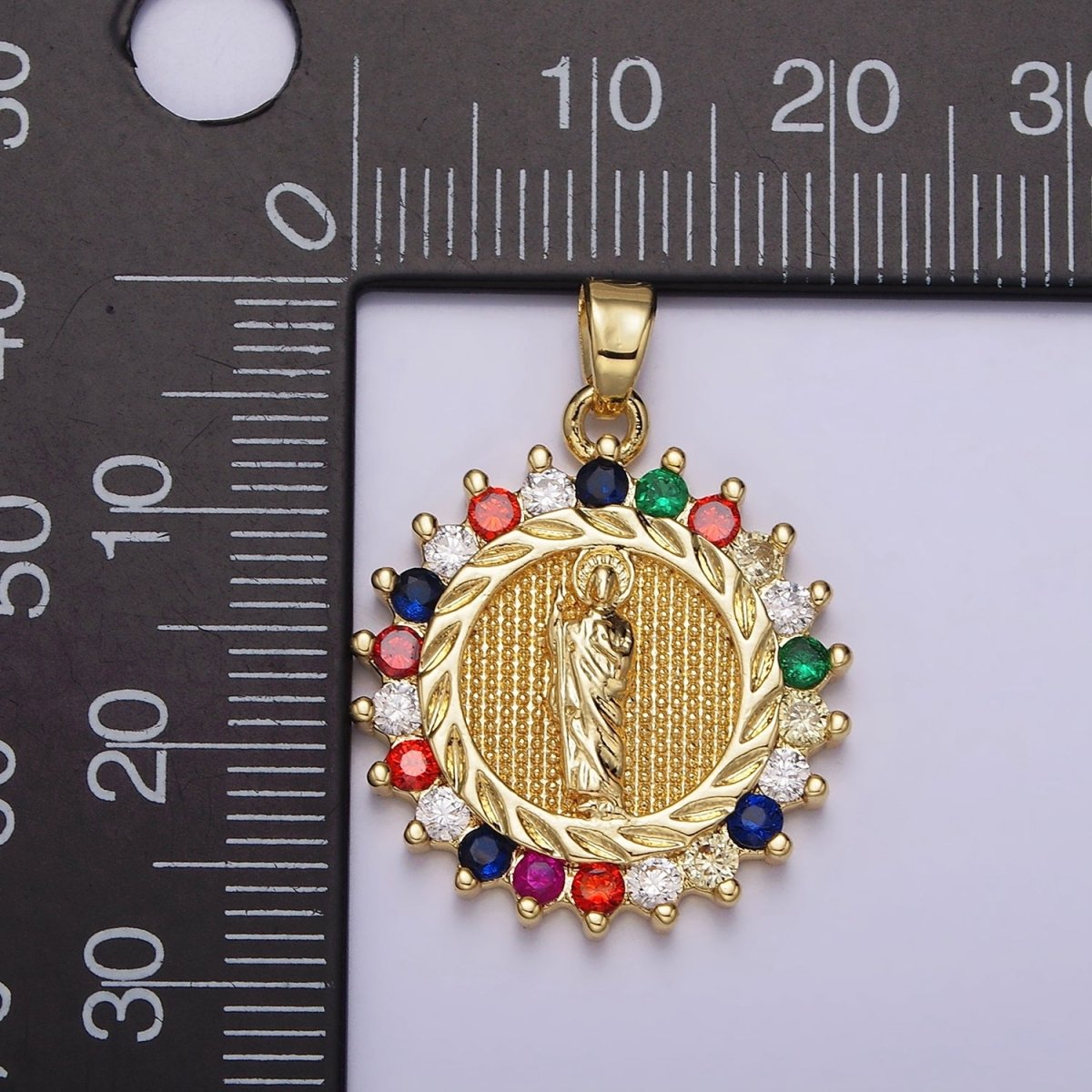 14K Gold Filled Clear, Multicolor CZ Miraculous Mary Round Pendant | AA719