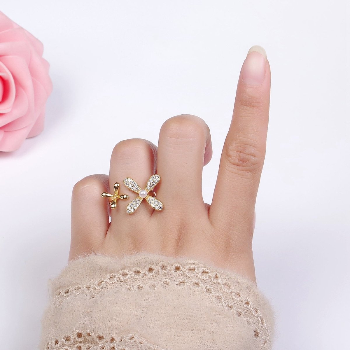 14K Gold Filled Double Flower Pearl Micro Paved Wrap Ring | O115