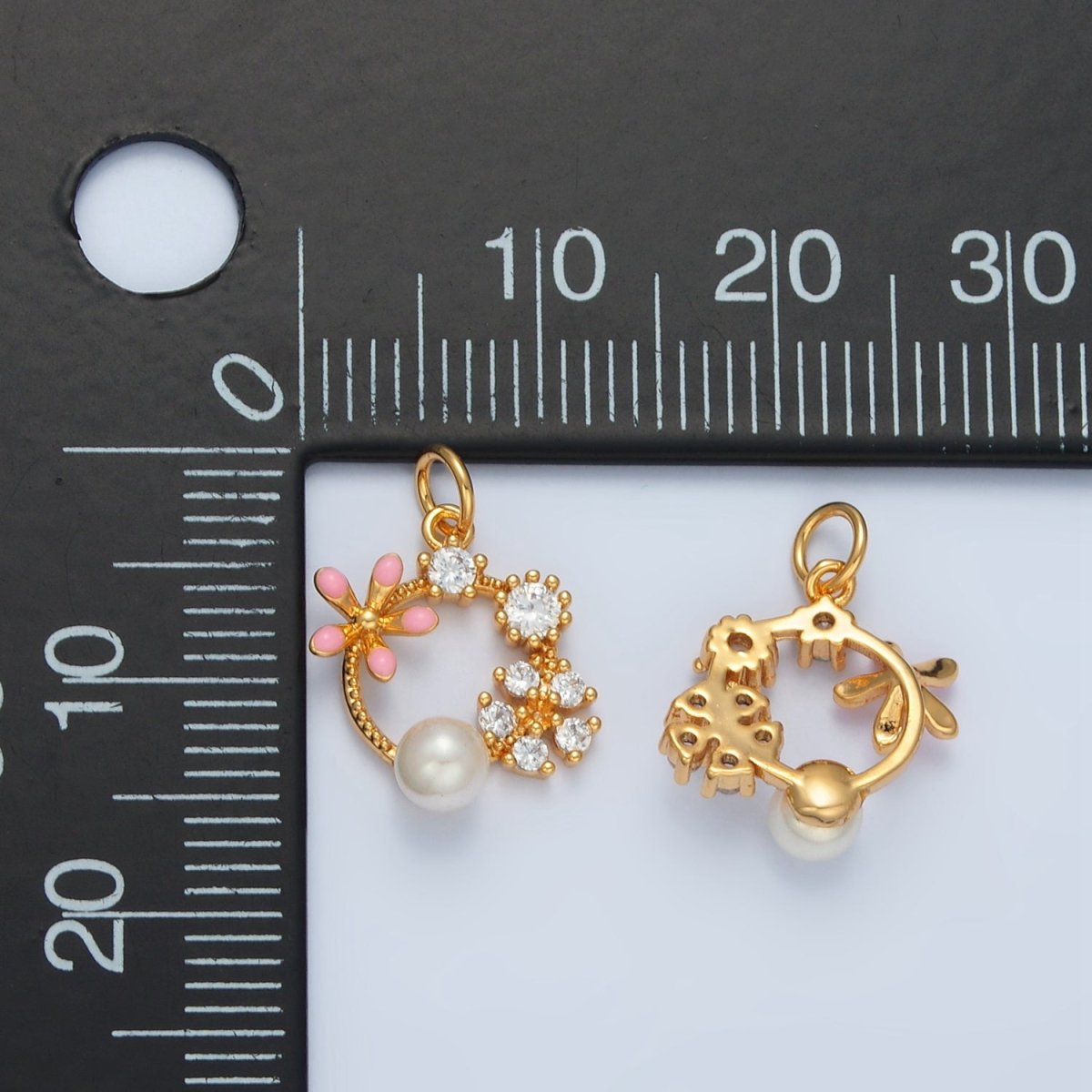 14K Gold Filled Flower CZ Enamel Pearl Open Round Charm | AG879