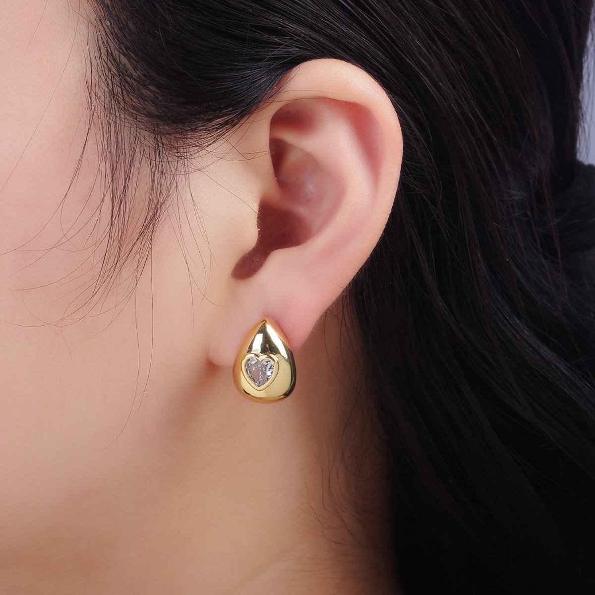 14K Gold Filled Heart CZ Teardrop Dome Stud Earrings | P514