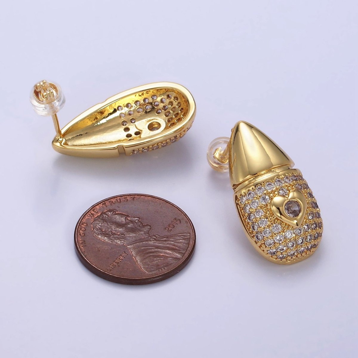 14K Gold Filled Heart Micro Paved CZ Edged Teardrop Stud Earrings | P224