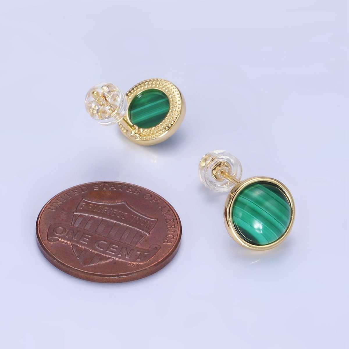 14K Gold Filled Malachite Gemstone Round Bezel Stud Earrings | AB1404