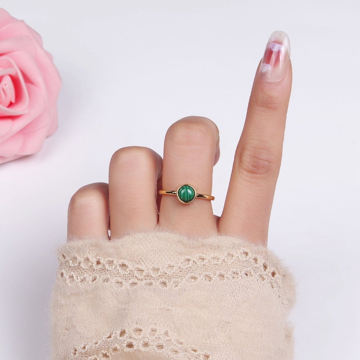 14K Gold Filled Malachite Gemstone Solitaire Ring | O1357