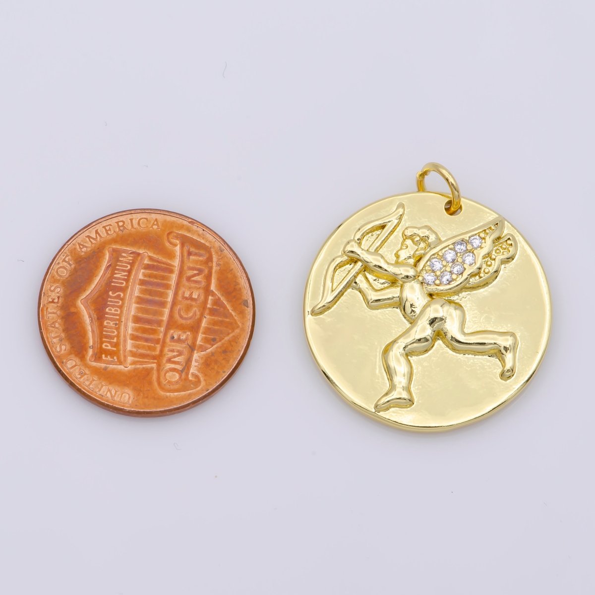 14K Gold Filled Micro Paved CZ Cupid Angel Coin Charm M-485
