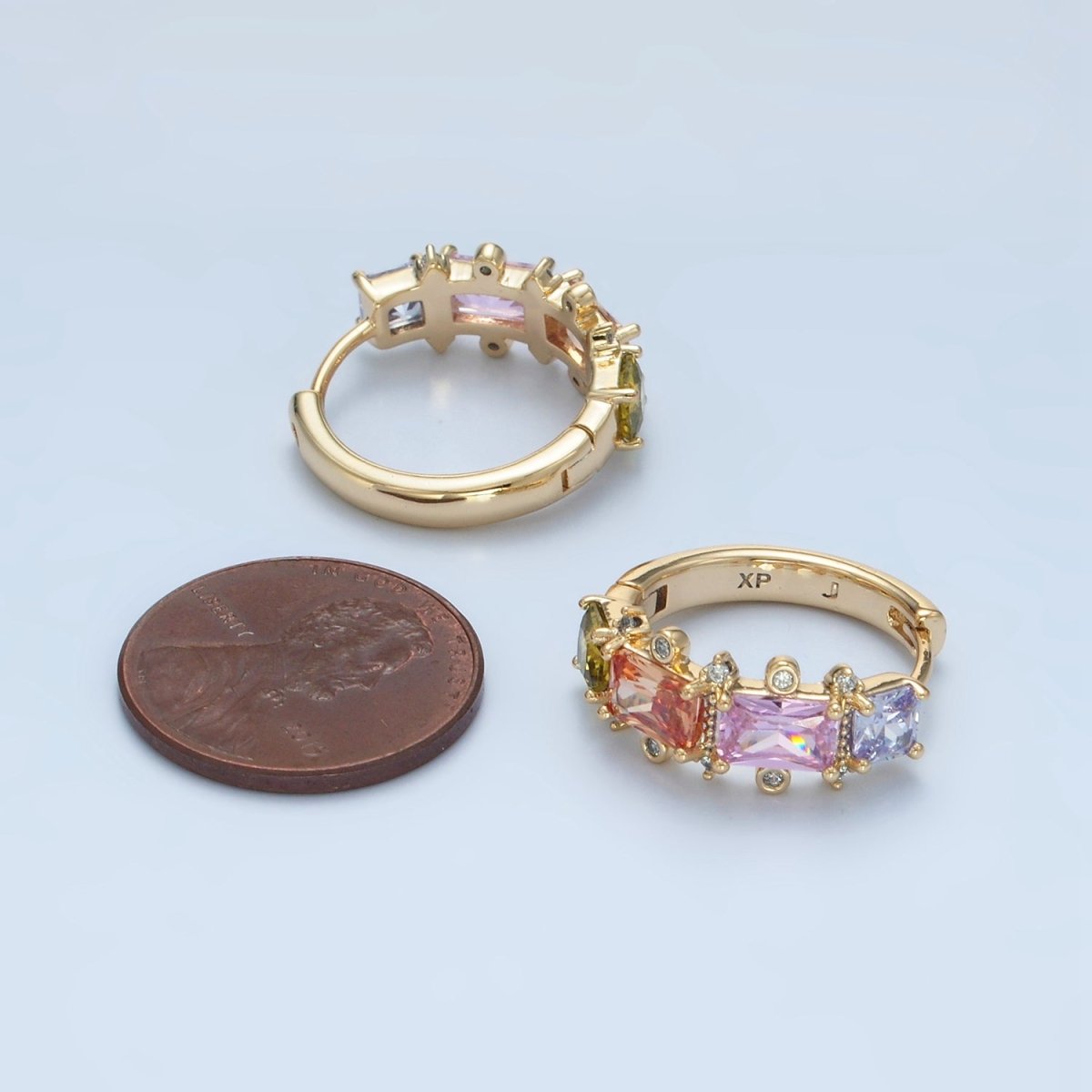 14K Gold Filled Multicolor Baguette Dotted CZ Huggie Earrings | AD618