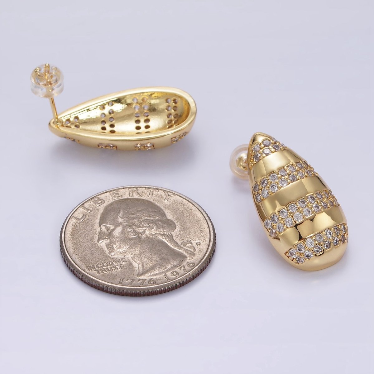 14K Gold Filled Multiple Micro Paved Line Teardrop Stud Earrings | P227