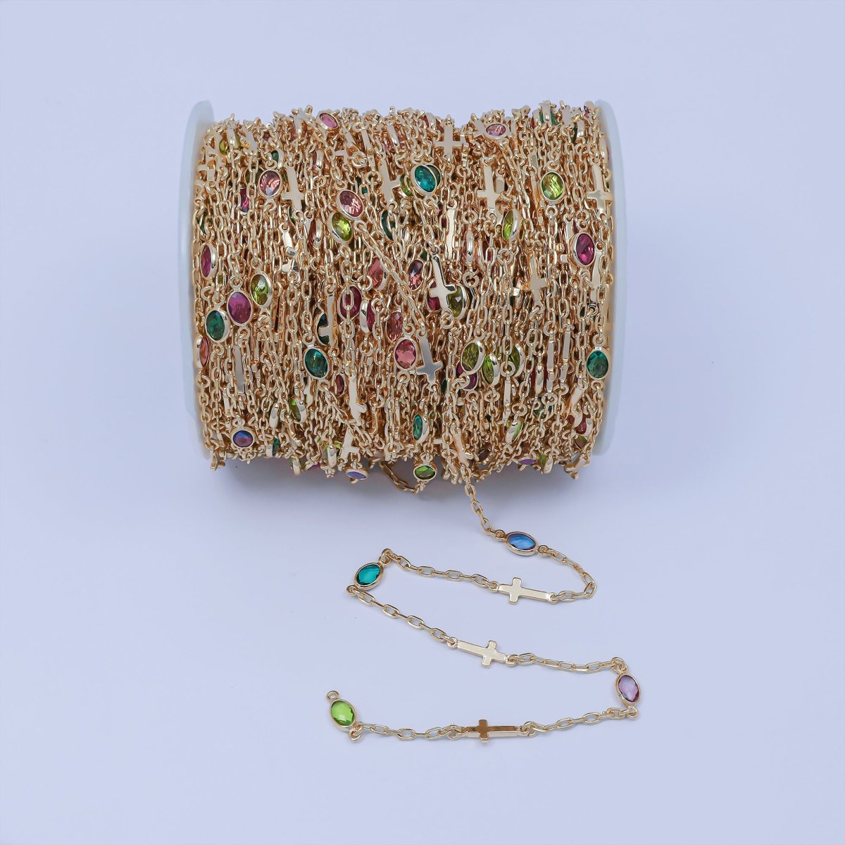 14K Gold Filled Oval Colorful Diamond Bezel Cut Chain by Yard Sideway Cross Link Cable Chain for Necklace Bracelet Jewelry Making | ROLL-1455