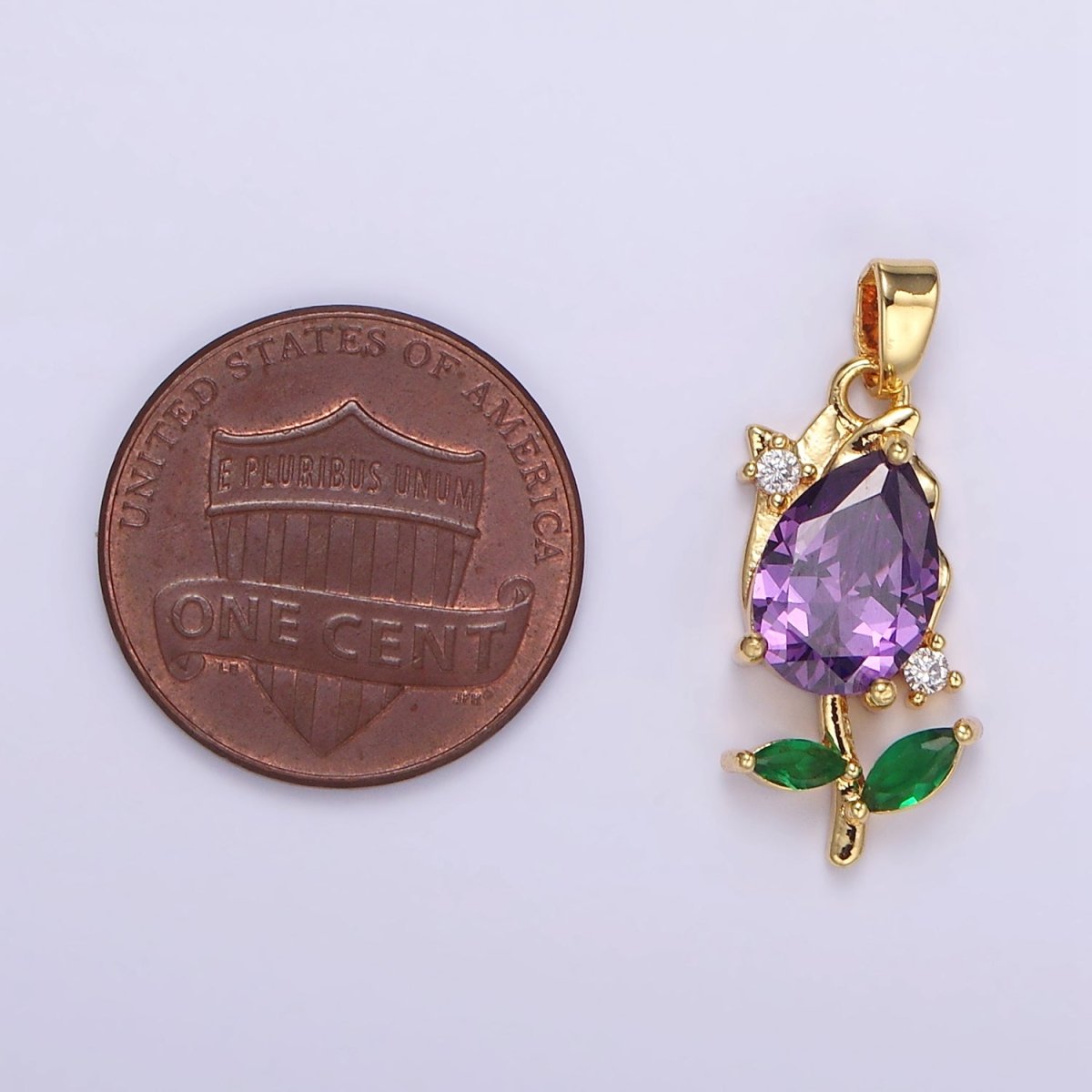 14K Gold Filled Purple, Clear CZ Floral Rose Pendant | AA061