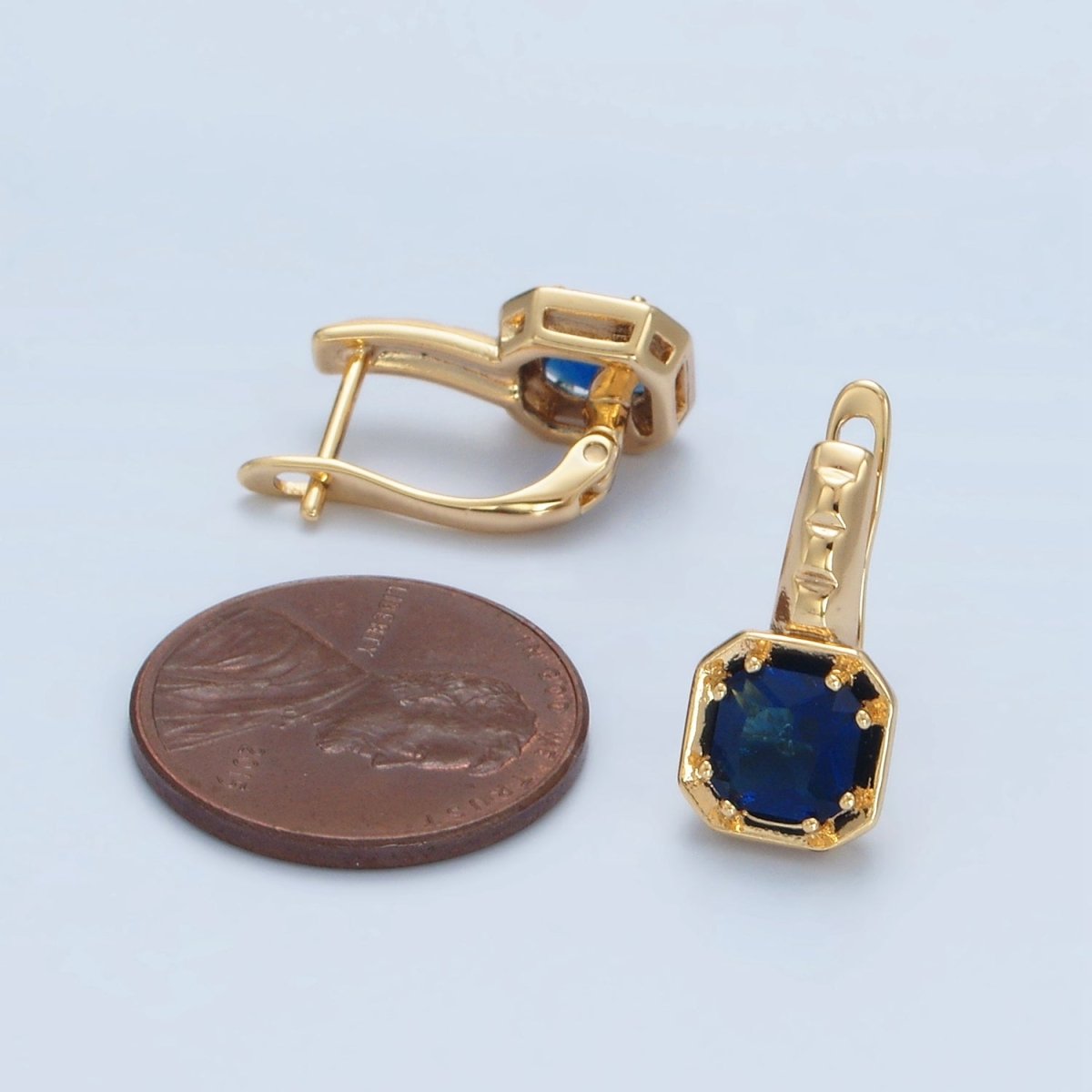 14K Gold Filled Red, Pink, Blue, Purple CZ Square Edged English Lock Earrings | AD662 - AD665
