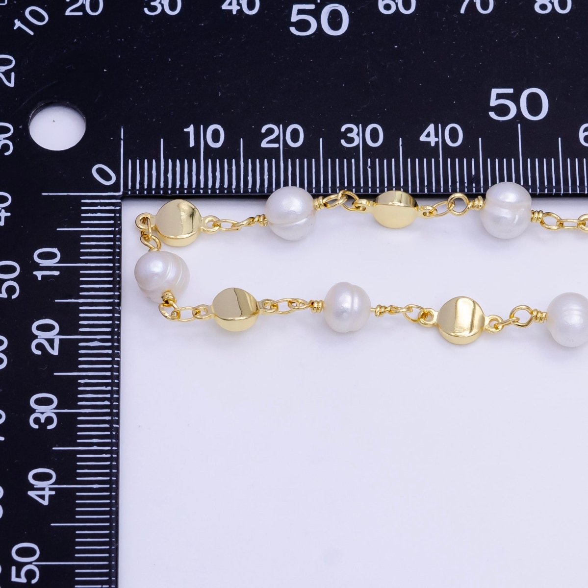 14K Gold Filled Triple Round Disc White Freshwater Pearl Designed Unfinished Chain For Jewelry Making | ROLL-1411 Clearance Pricing