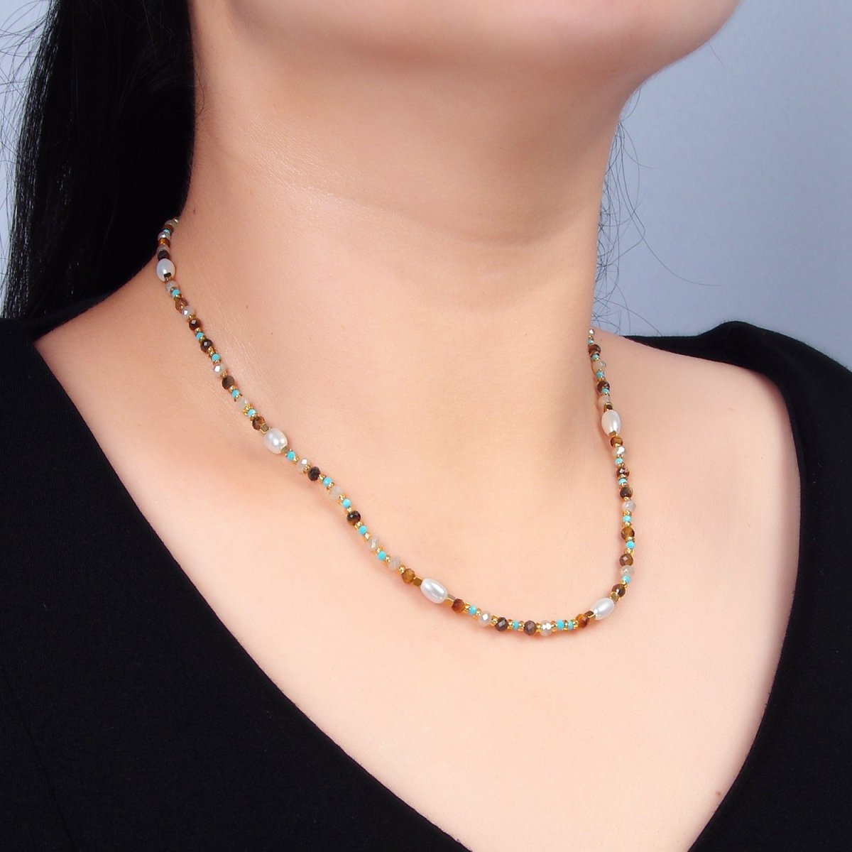 14K Gold Filled Turquoise Tiger Eye Pearl Irregular Bead 16 Inch Necklace | WA-2646