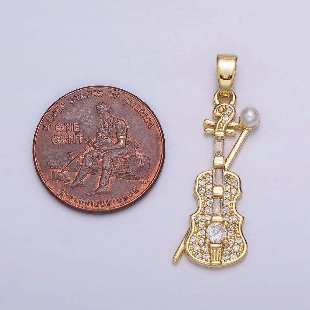 14K Gold Filled Violin Instrument Pearl Micro Paved CZ Pendant in Gold & Silver | AA715