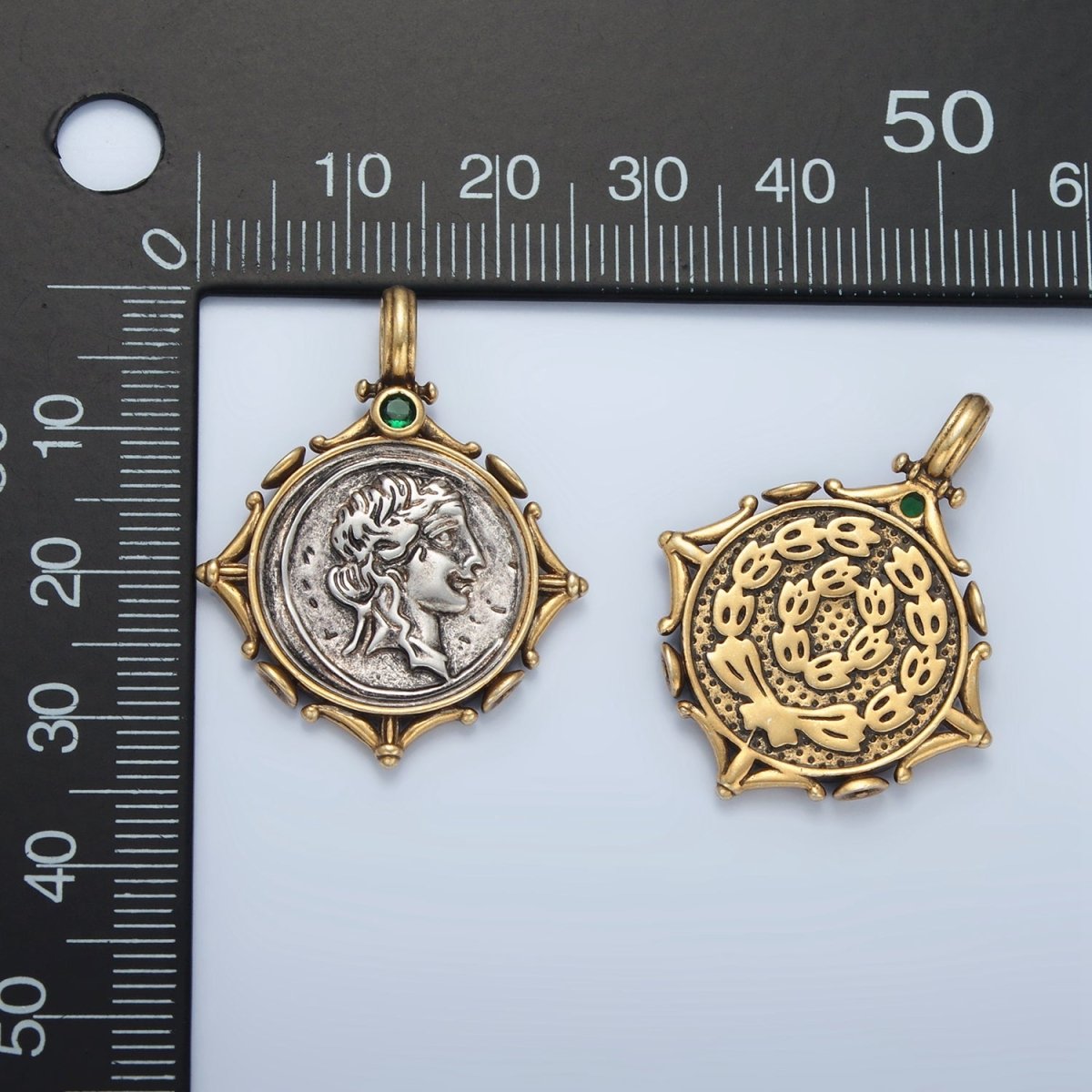 14K Gold Filled Women Portrait Coin Artisan Rhombus Edged Mixed Metal Pendant | I614