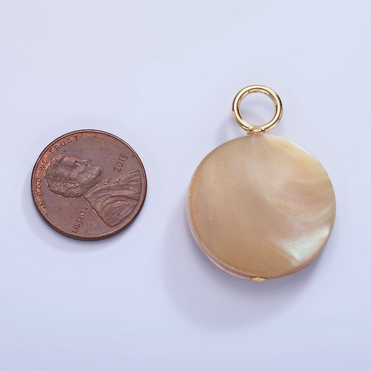 16K Gold Filled 33mm Peach White Shell Pearl Flat Round Pendant | P1749
