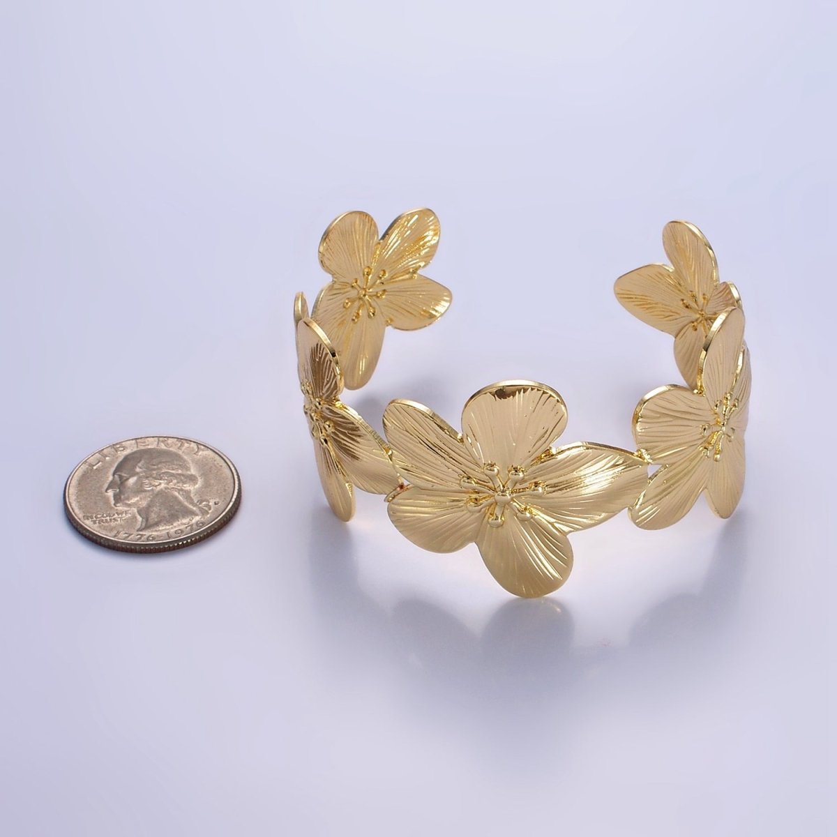 16K Gold Filled 50mm Flower Textured Wide Cuff Bracelet | WA-2521