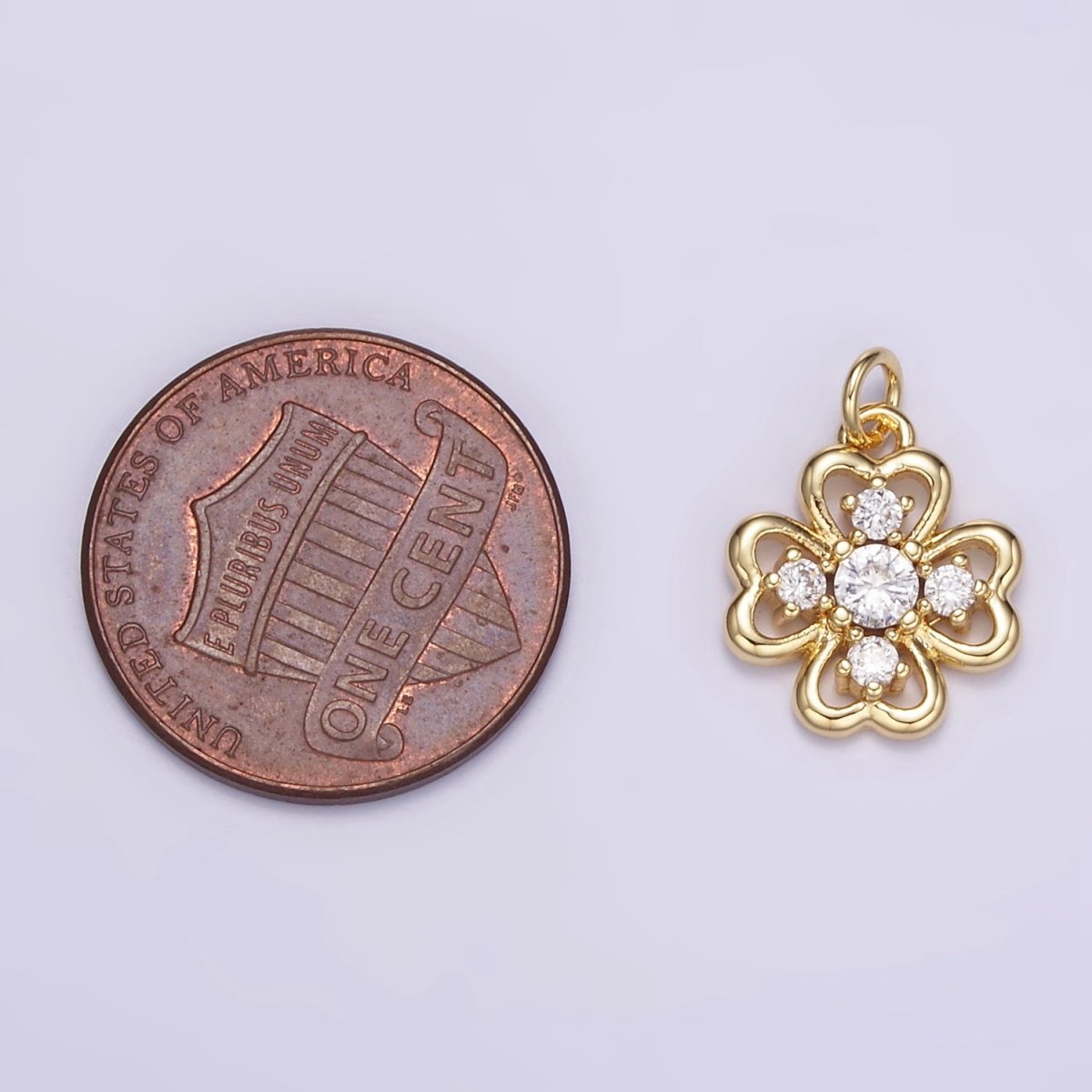 16K Gold Filled CZ Quatrefoil Heart Petal Flower Open Charm in Gold & Silver | M116