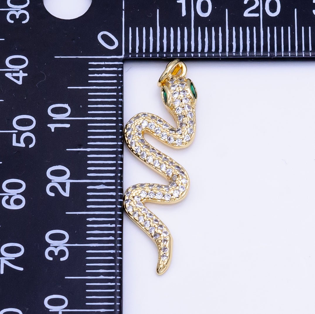 16K Gold Filled Green-Eyed CZ Micro Paved Serpent Snake Charm | D772