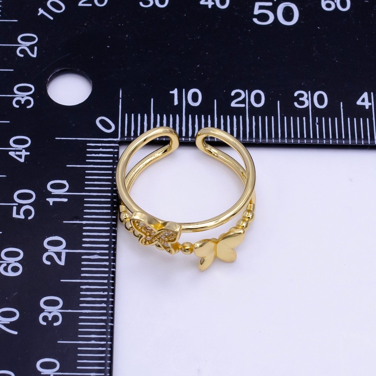16K Gold Filled Micro Paved CZ Butterfly Beaded Bubble Double Band Ring | O1391