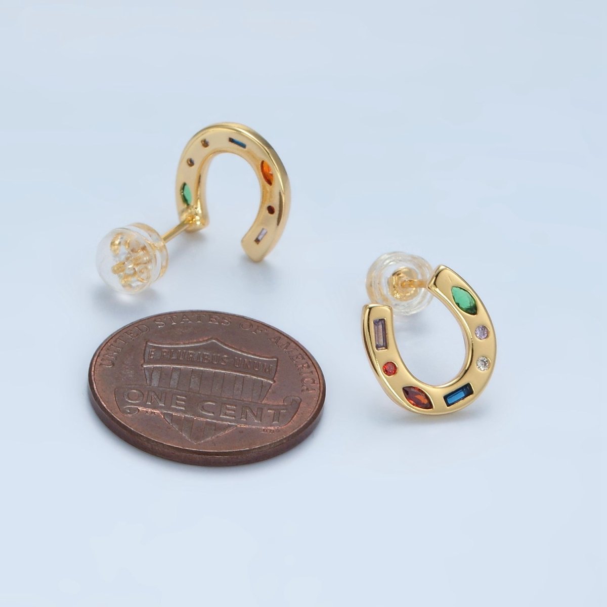 16K Gold Filled Multicolor CZ Horseshoe Stud Earrings | AD604