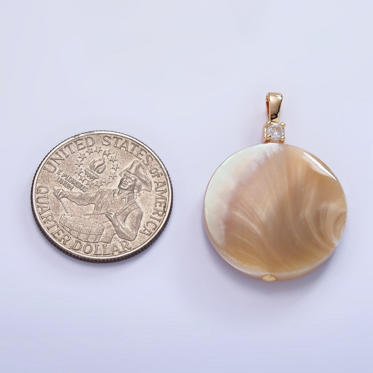 16K Gold Filled Peach White Shell Pearl Round CZ Pendant | P1576