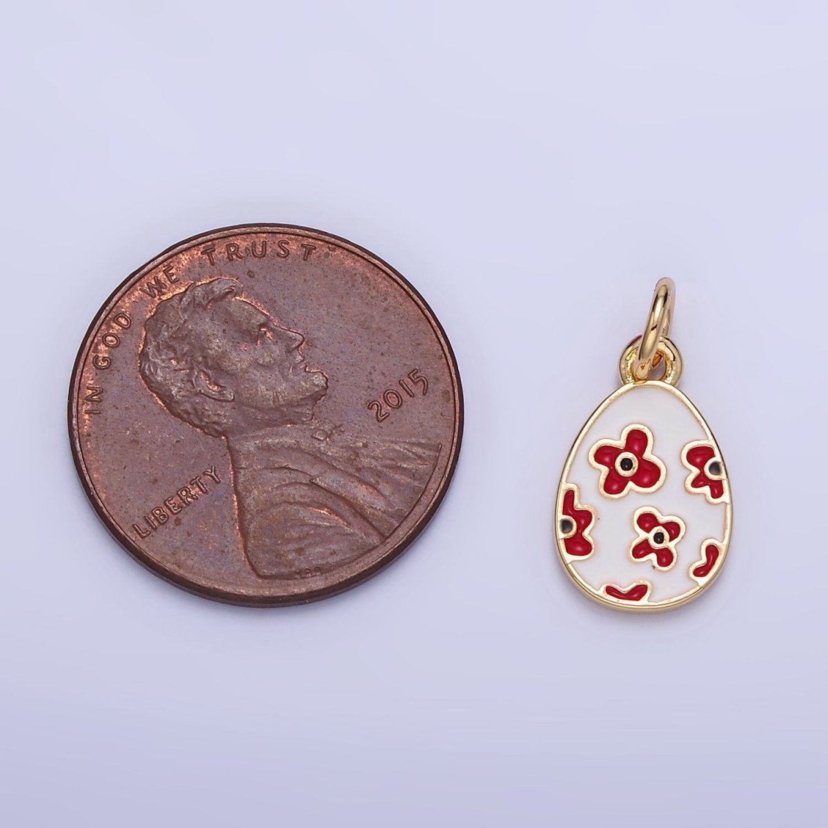 16K Gold Filled Red Flower White Enamel Easter Egg Charm | C030