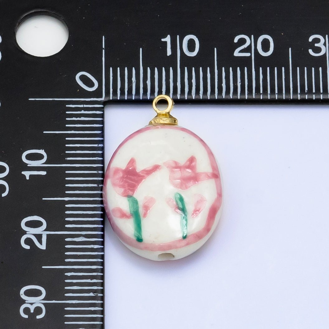 16K Gold Filled Twin Pink Flower Ceramic Drop Charm | W074