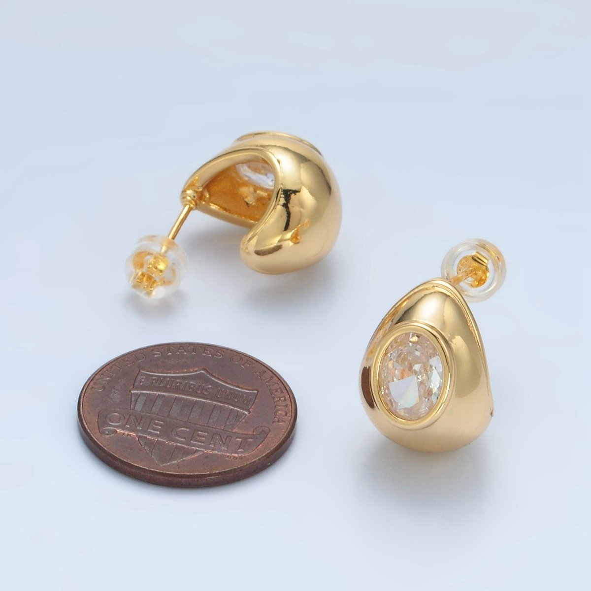 24K Gold Filled 15mm CZ Dome J-Shaped Hoop Earrings | AD629