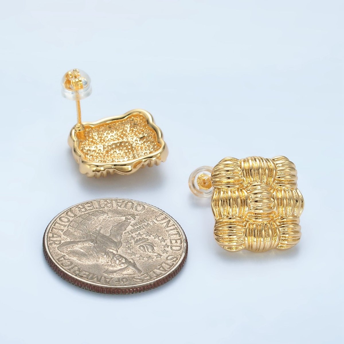 24K Gold Filled 15mm Ribbed Croissant Woven Square Stud Earrings | AD657