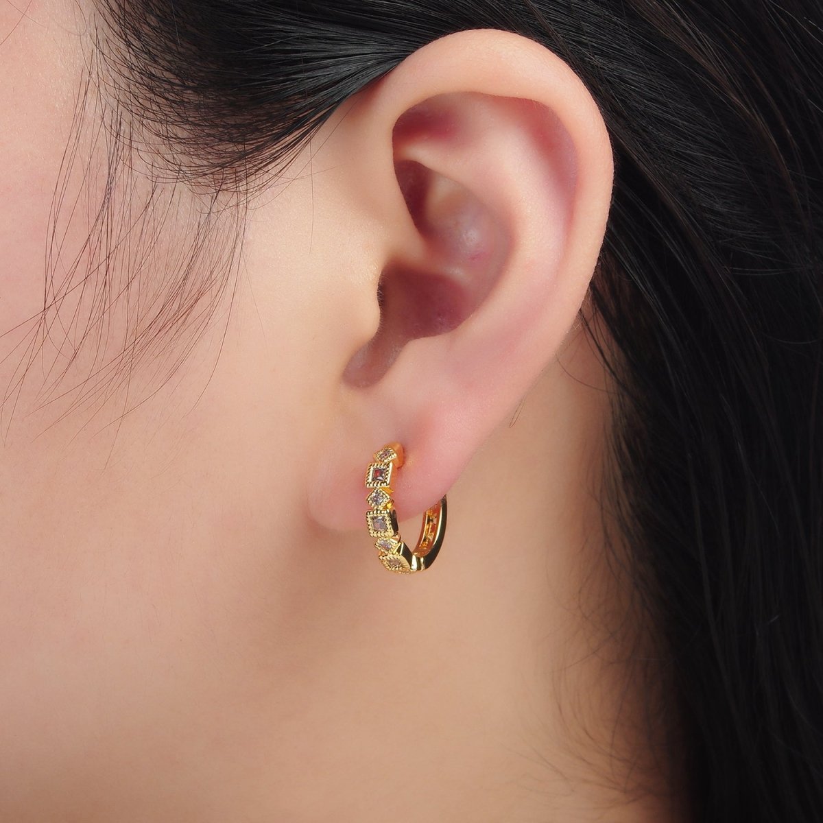 24K Gold Filled 17mm Geometric CZ Huggie Earrings | T192