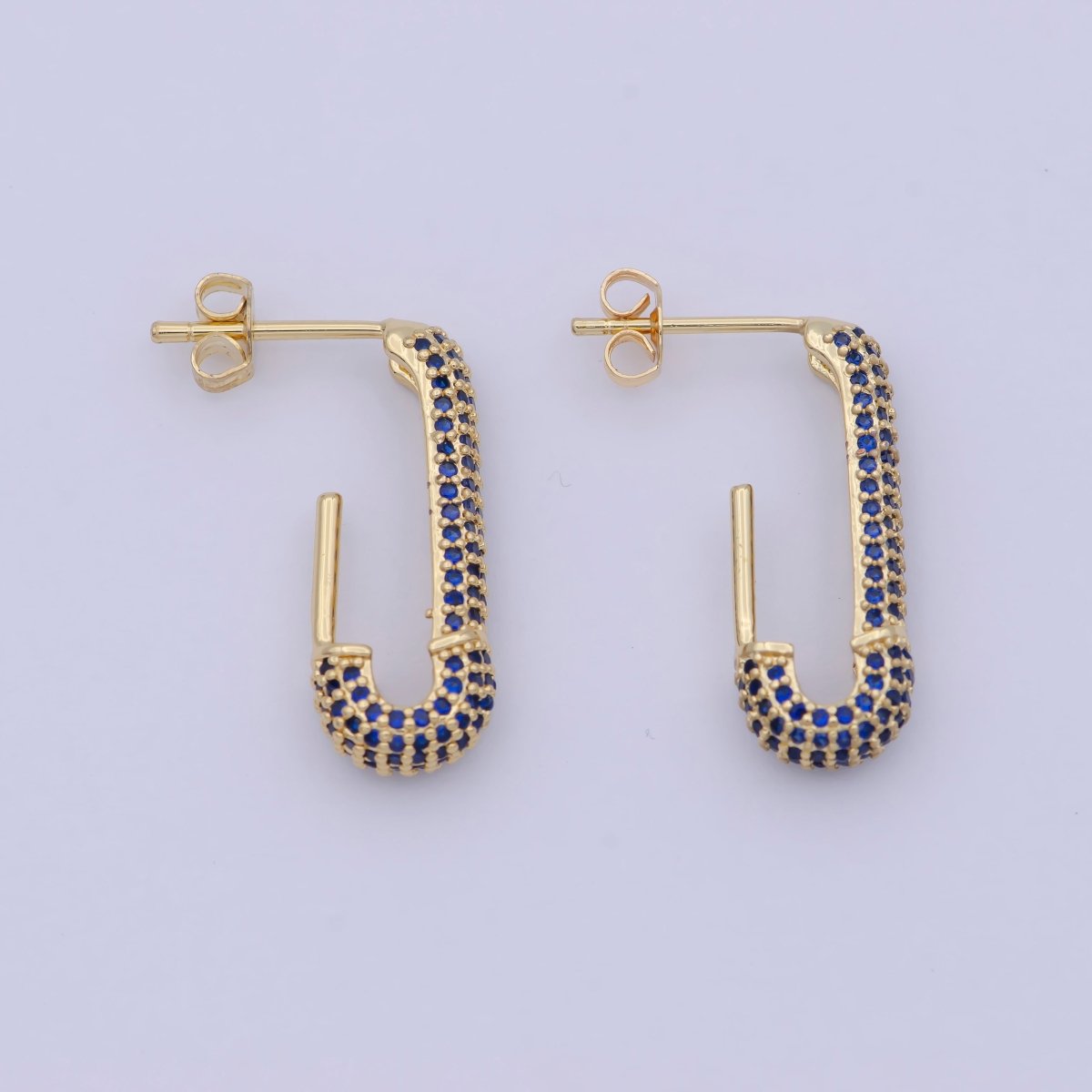 24K Gold Filled 24mm Dark Blue Micro Paved CZ J-Shaped Hoop Earrings | AB1196