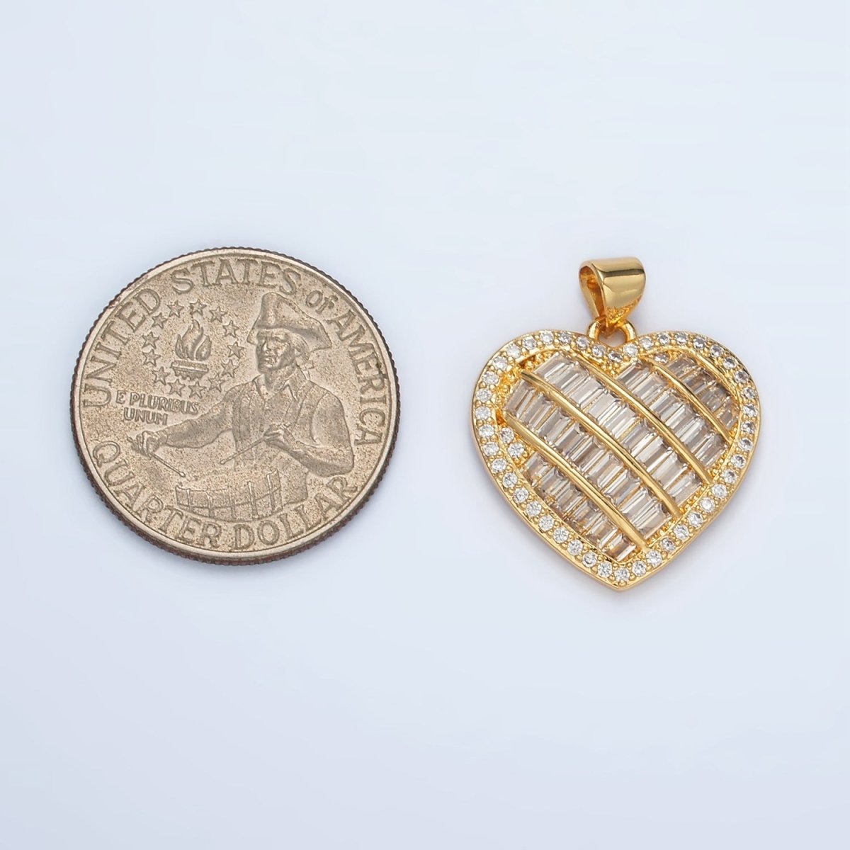 24K Gold Filled 25mm Baguette Micro Paved CZ Lined Heart Pendant | I459