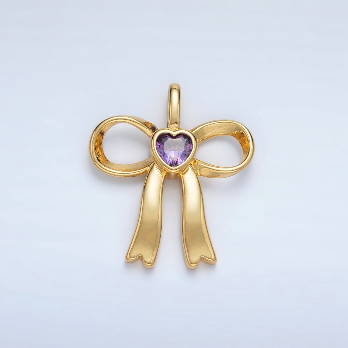 24K Gold Filled 25mm Birthstone Heart CZ Ribbon Bow Pendant | AA1413 - AA1418