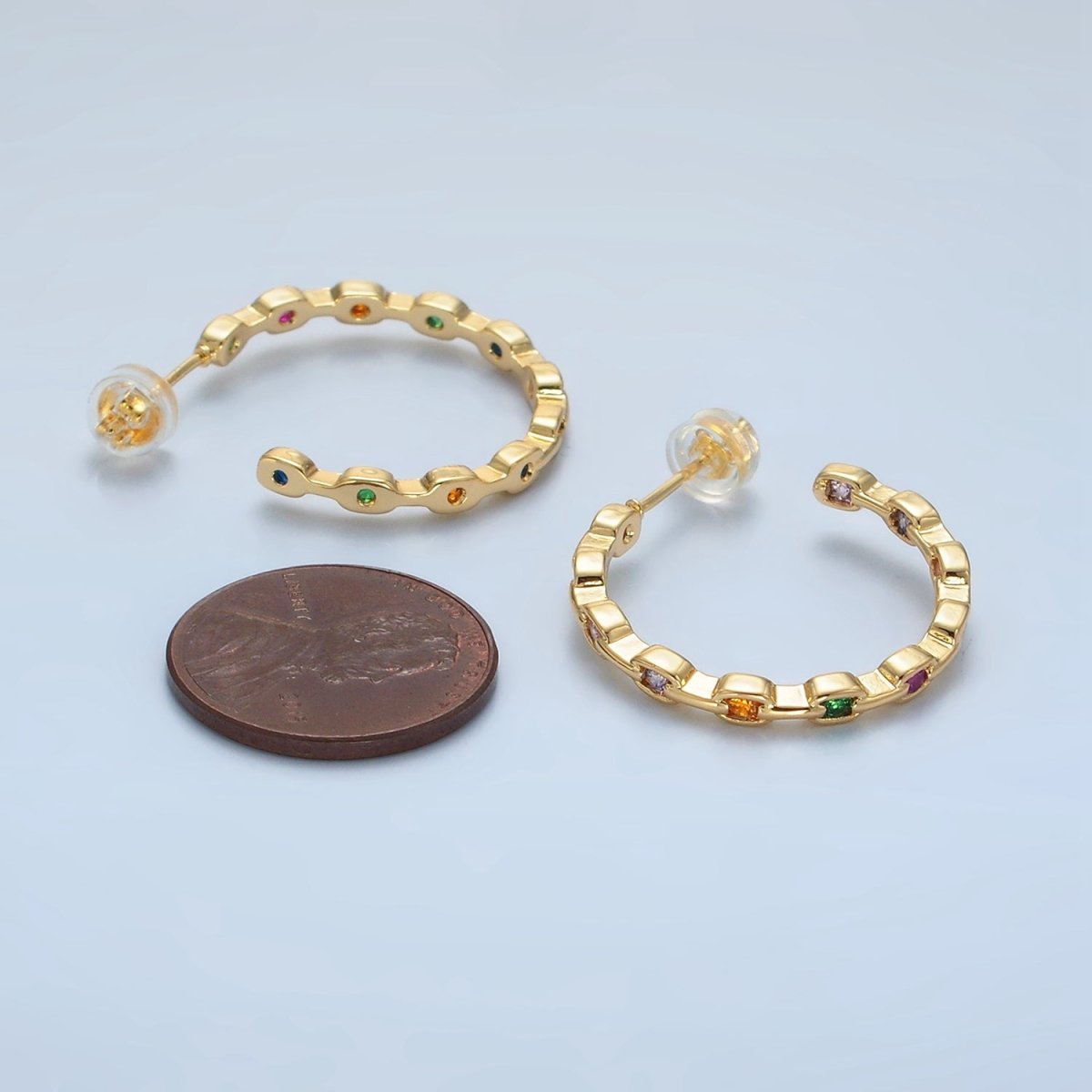 24K Gold Filled 25mm Multicolor CZ Front-Facing Chain C-Shaped Hoop Earrings | AD733
