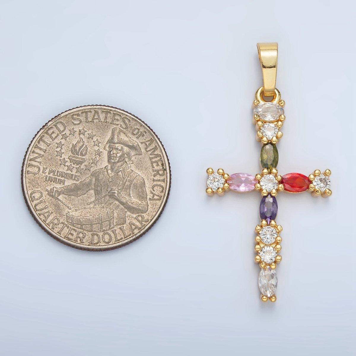24K Gold Filled 25mm Multicolor CZ Marquise Religious Cross Pendant | I252