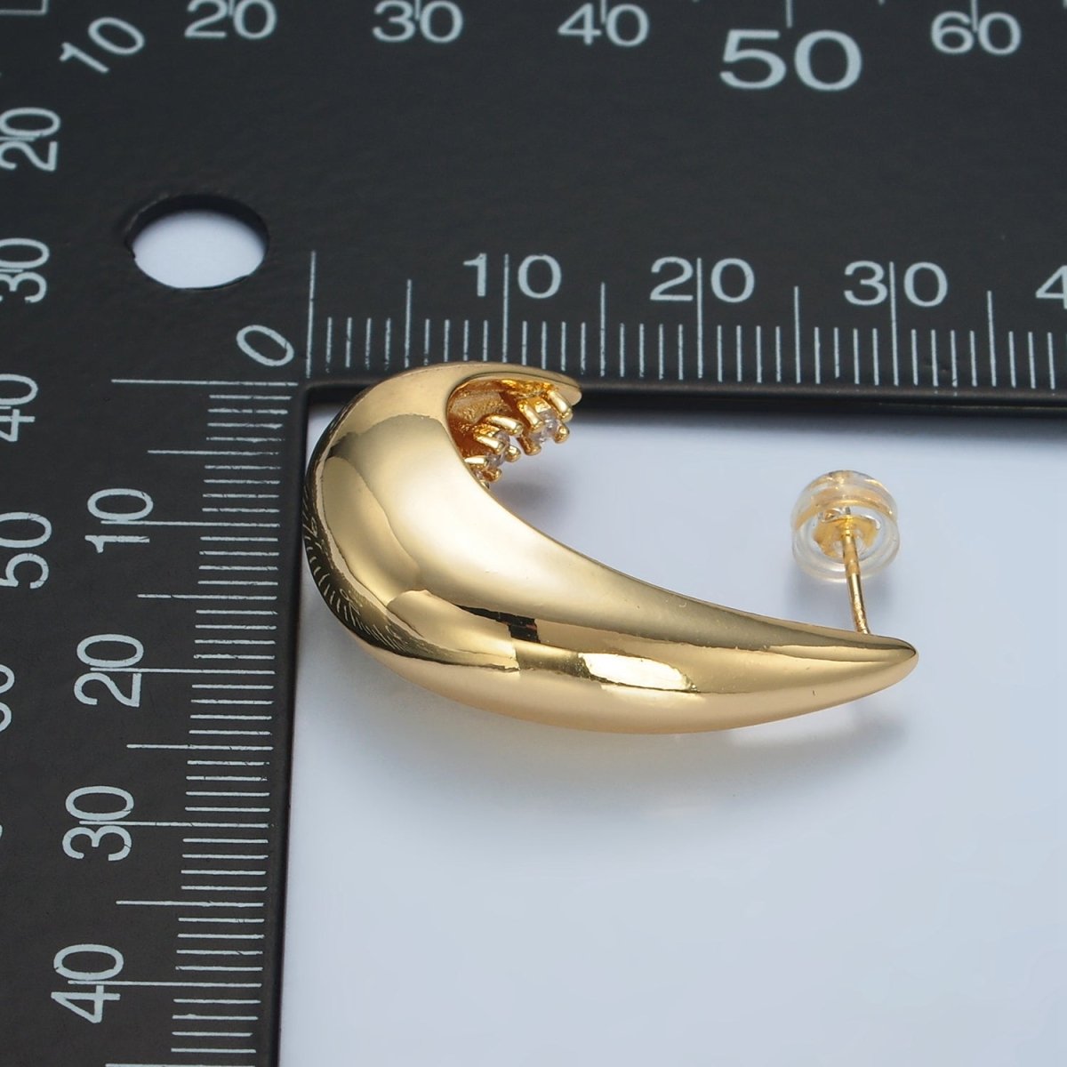 24K Gold Filled 30mm CZ Lined J-Shaped Hoop Earrings | AD658