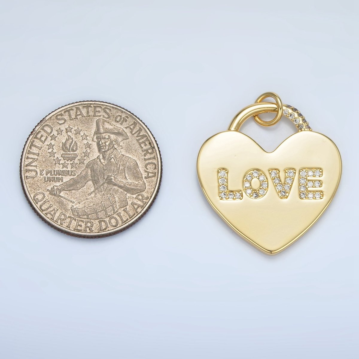 24K Gold Filled 30mm "LOVE" Micro Paved CZ Heart Padlock Charm in Gold & Silver | N743