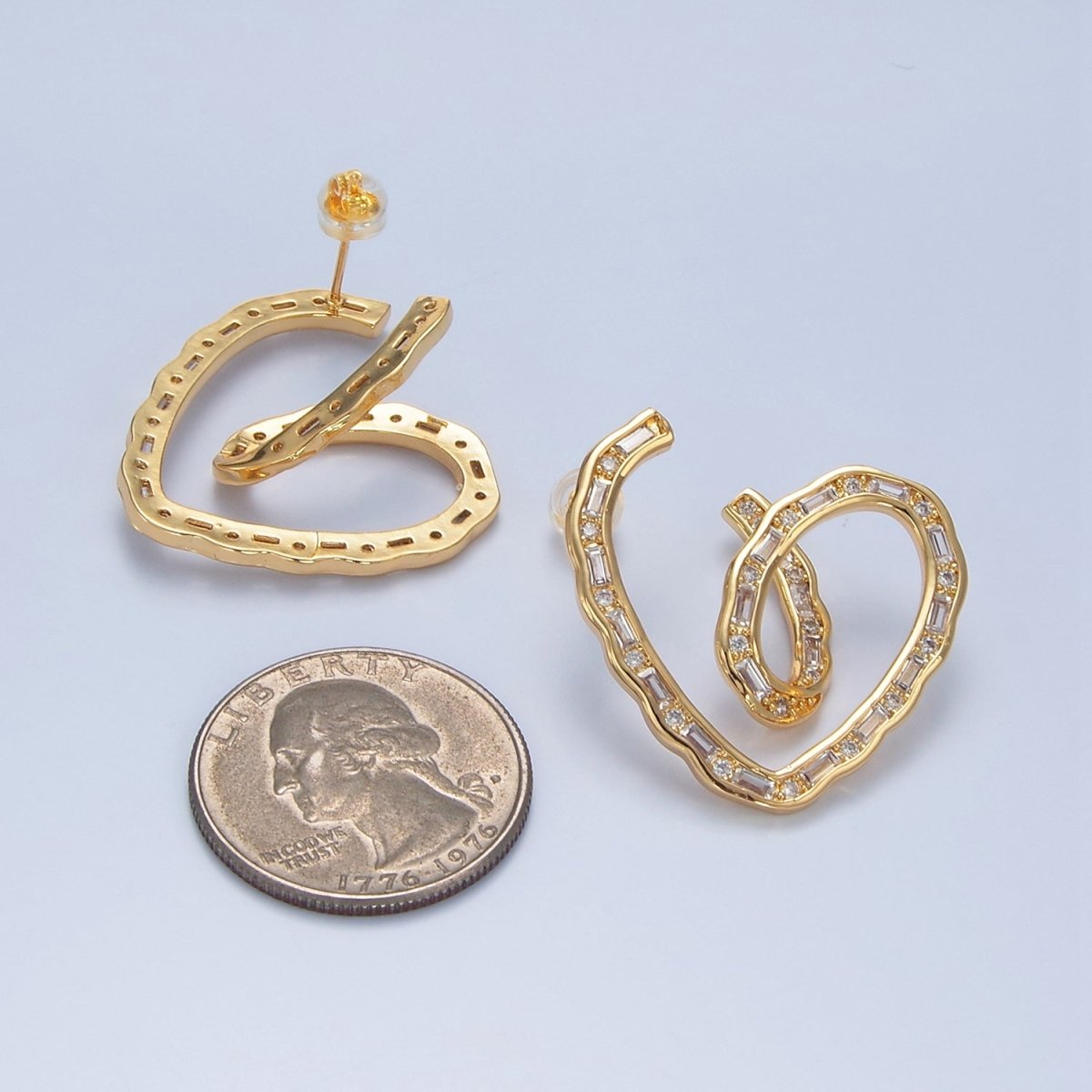 24K Gold Filled 35mm Baguette CZ Curved Heart Stud Earrings | P030