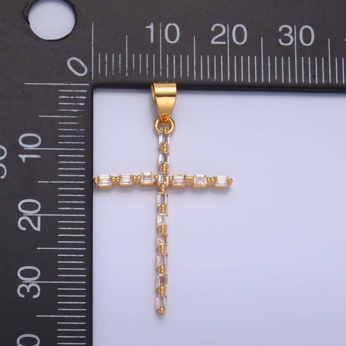 24K Gold Filled 35mm Clear CZ Baguette Religious Cross Pendant | I244