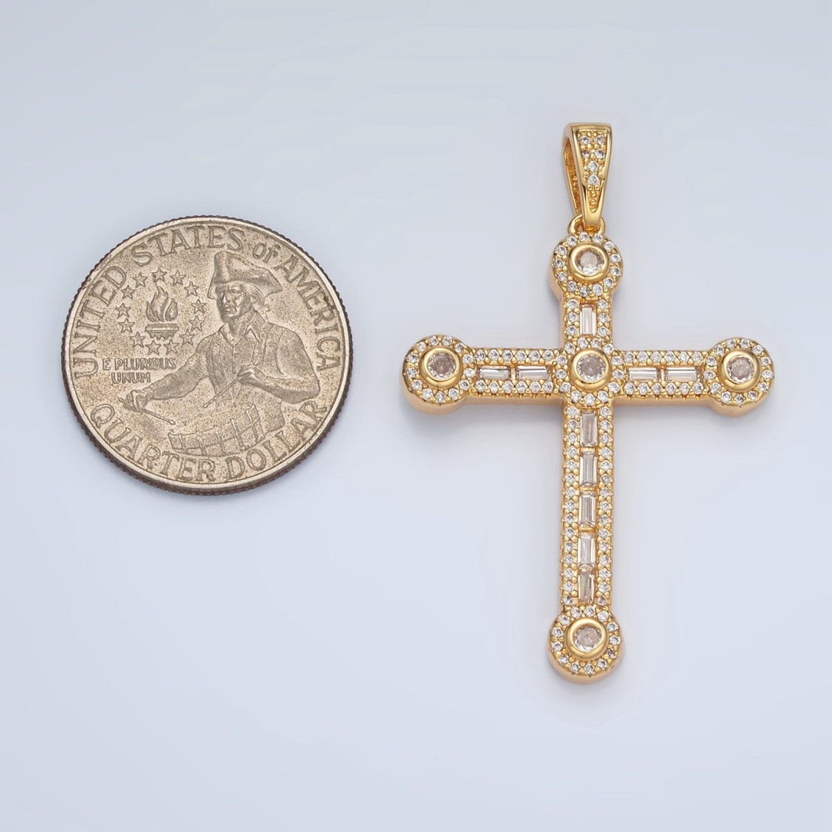 24K Gold Filled 43mm Clear CZ Baguette Micro Paved Cross Pendant | AA1394