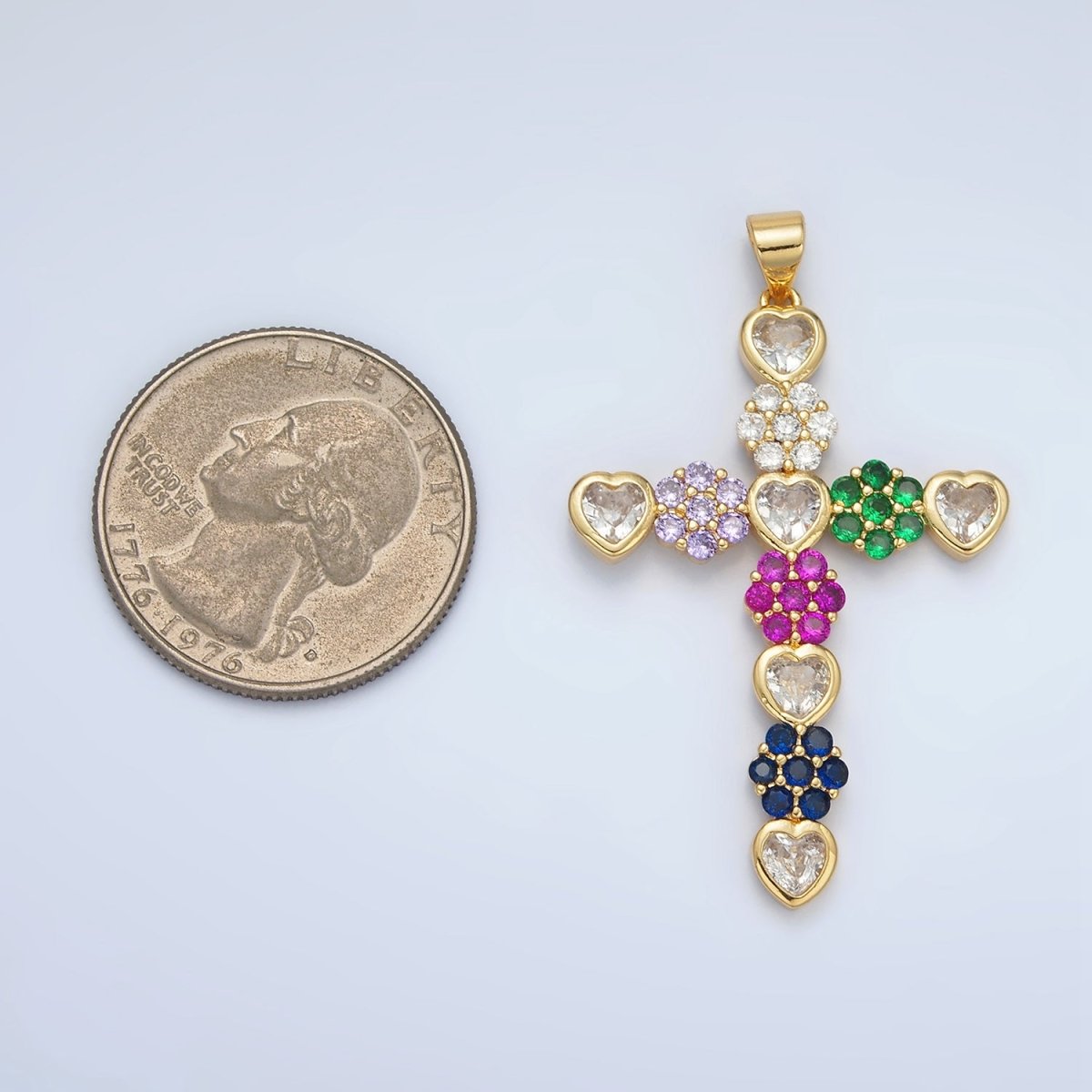 24K Gold Filled 45mm Multicolor Heart Flower Cross Pendant | AH188