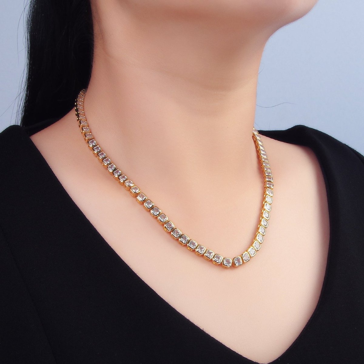24K Gold Filled 5.3mm Square CZ Tennis Chain 16 Inch Necklace w. Extender | WA-2641