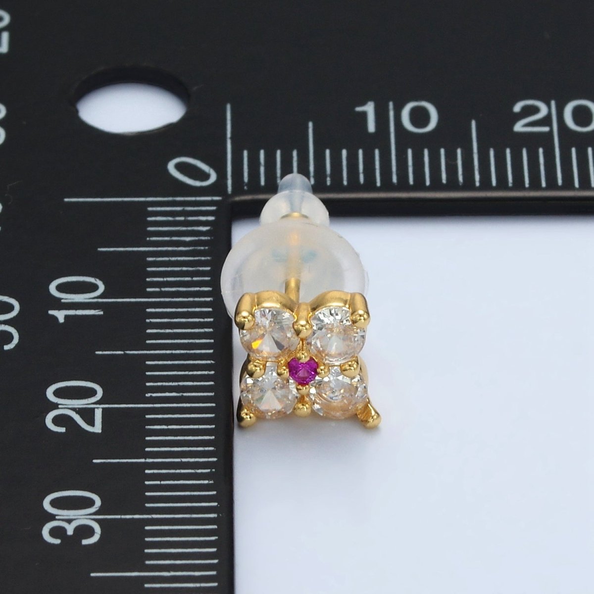 24K Gold Filled 8mm Fuchsia Clear CZ Flower Petal Stud Earrings | T283