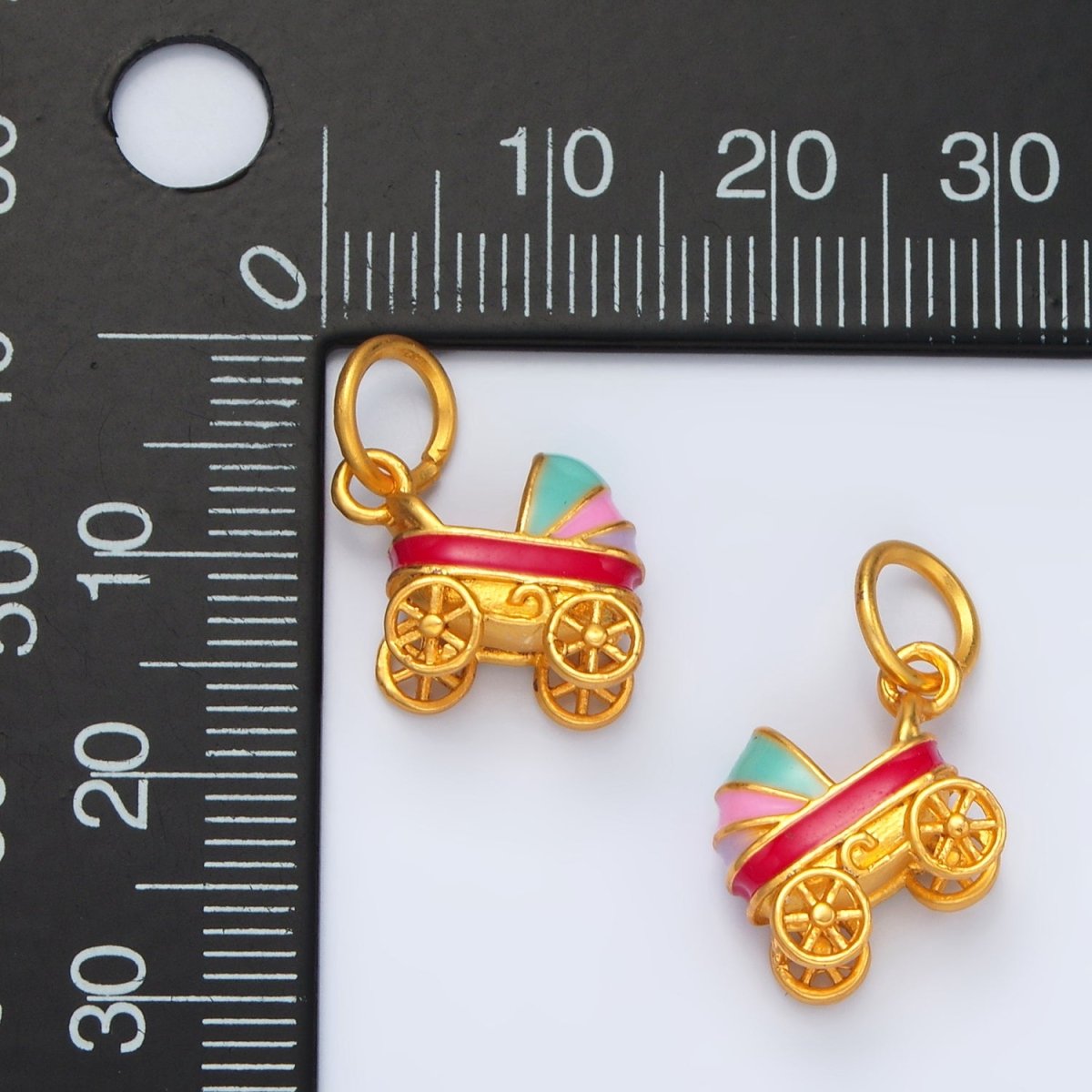 24K Gold Filled Multicolor Enamel Baby Stroller Carriage Mini Charm | M147