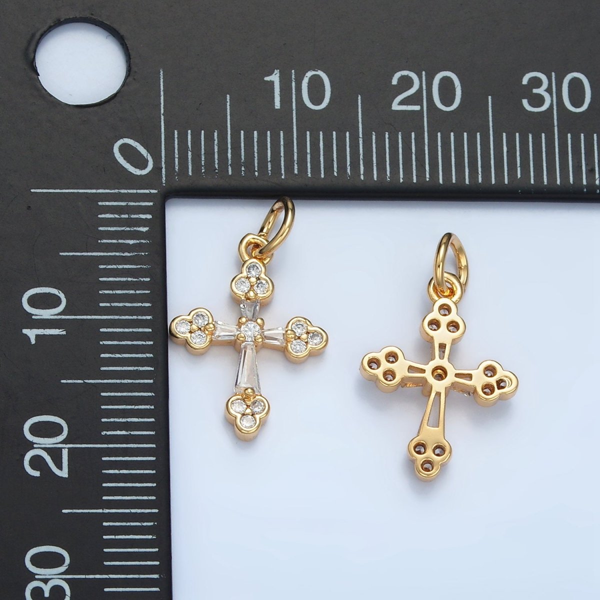 24K Gold Filled Baguette Clear CZ Religious Buttony Cross Charm | E851