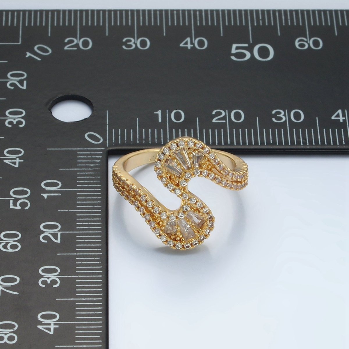 24k Gold Filled Baguette CZ Micro Paved Curved Wavy Ring | O1415