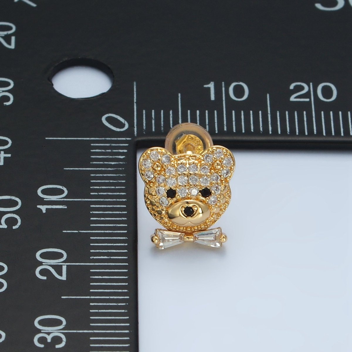 24K Gold Filled Teddy Bear Micro Paved CZ Baguette Tie Bow Stud Earrings | AD741